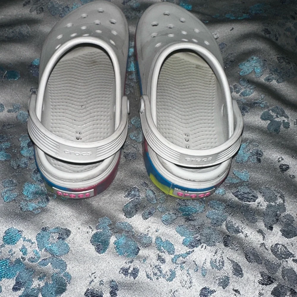 CROCS Kids White Clogs with Rainbow Trim